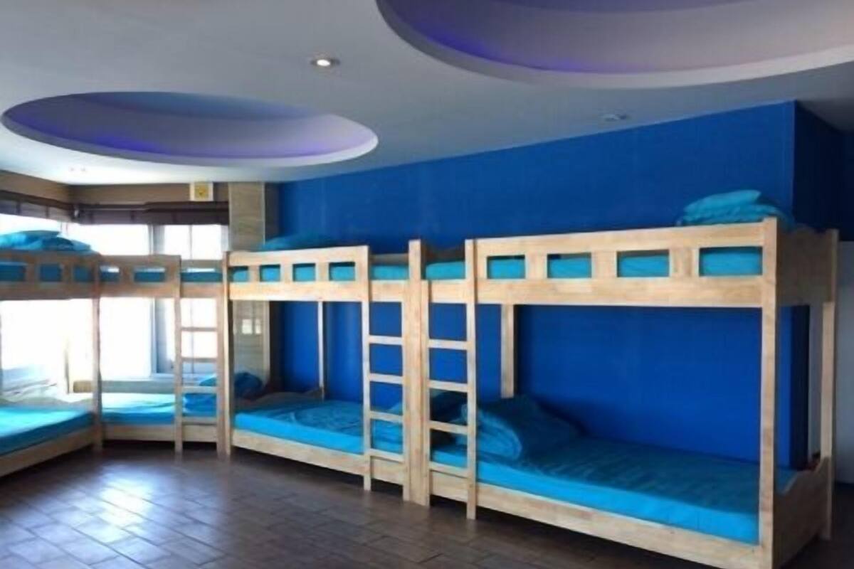 Une chambre avec des lits superposés, un plancher en bois et des murs bleus.