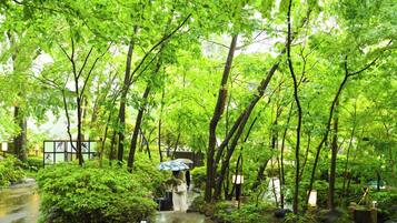 A serene garden with a stone pathway, lush greenery, and a small bridge.