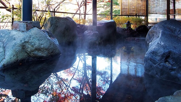 A traditional Japanese onsen with large rocks, a wooden structure, and a view of autumn trees. - Kinugawa Park Hotels (Nikko)