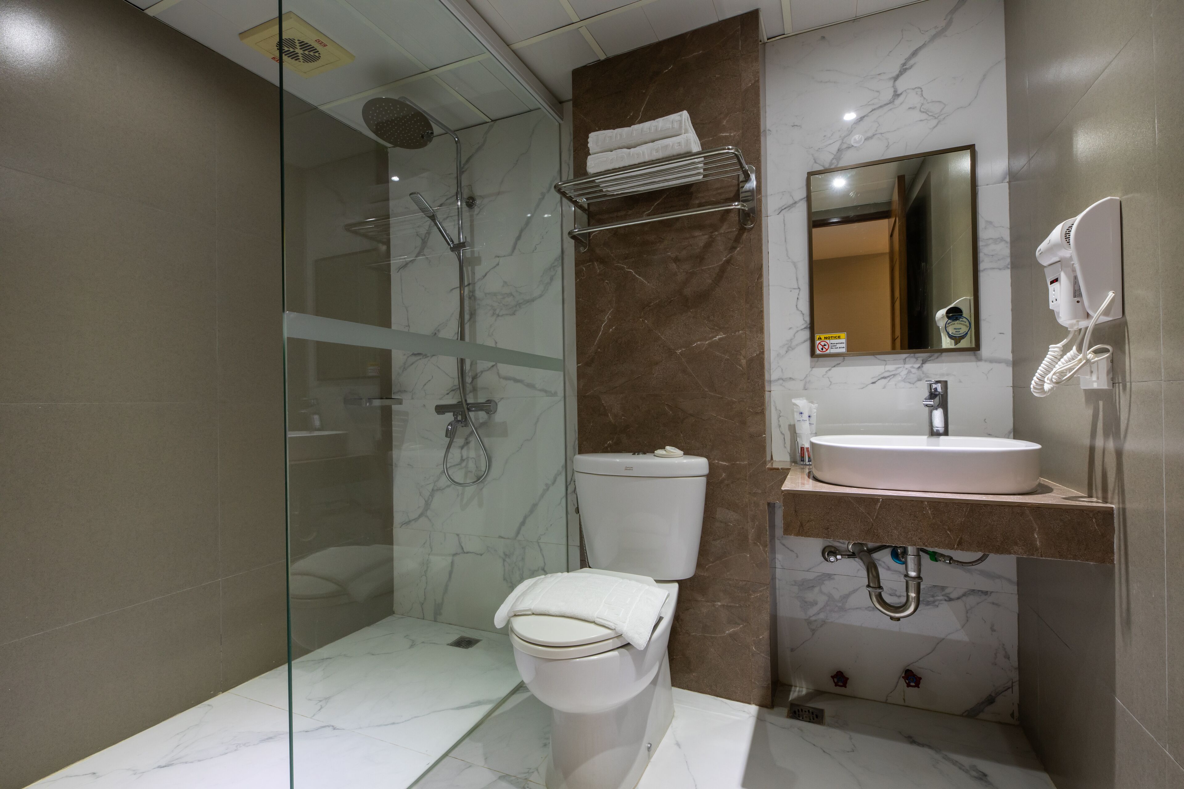 A modern bathroom with a glass-enclosed shower, a toilet, a sink, and a mirror.