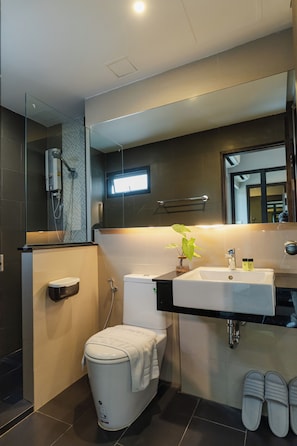 Shower, free toiletries, hair dryer, bidet