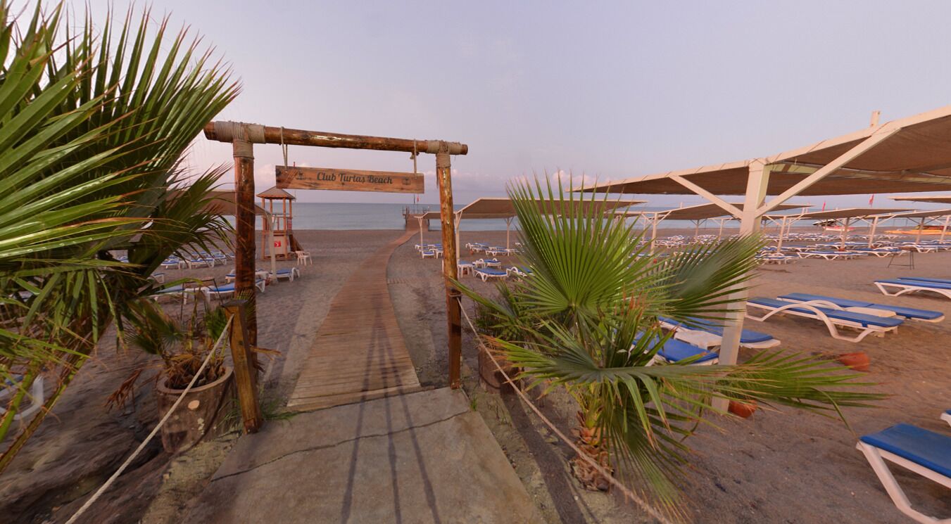 Una entrada a la playa con un arco de madera, palmeras y tumbonas.