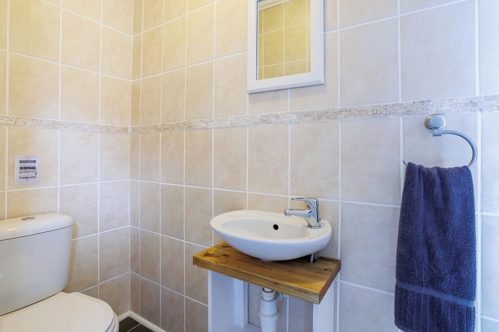 A bathroom with a toilet, a sink on a wooden shelf, and a towel hanging on a metal hook.