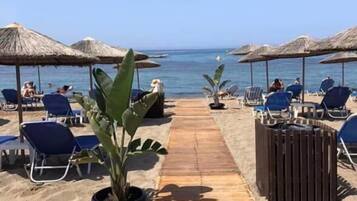 Plage, chaises longues, parasols