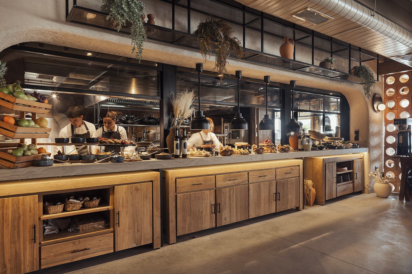 A modern kitchen with wooden cabinets, a long countertop, and hanging plants.