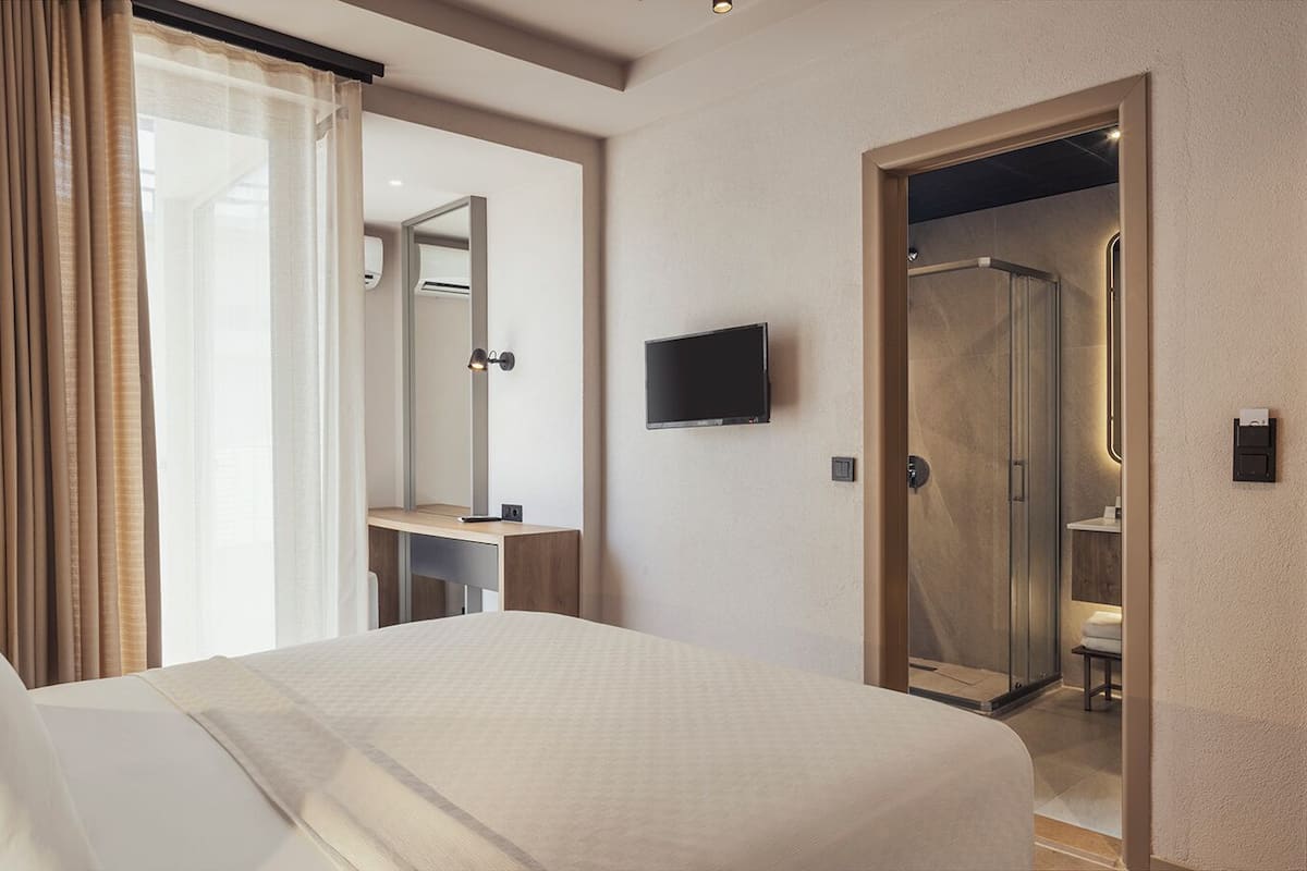 A hotel room with a bed, a desk, a TV, and a shower area.
