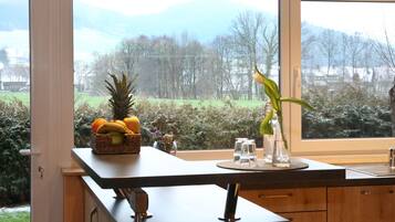 Apartment, 2 Schlafzimmer, Terrasse | Eigene Küche | Wasserkocher mit Kaffee-/Teezubehör, großer Kühlschrank, Mikrowelle