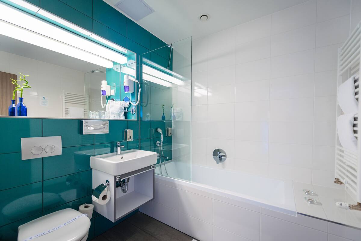 suite, 1 double bed with sofa bed | bathroom | hair dryer, bathrobes, towels