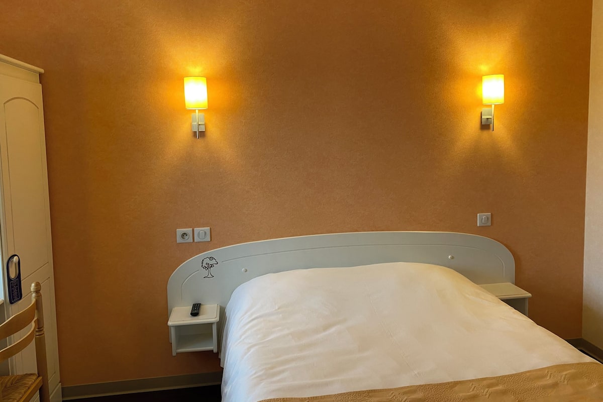 A hotel room with a bed, nightstands, a chair, and wall-mounted lamps.