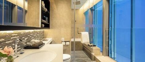 Une salle de bain moderne avec un grand lavabo, une douche en verre et une vue dégagée sur l’extérieur grâce à une grande fenêtre.