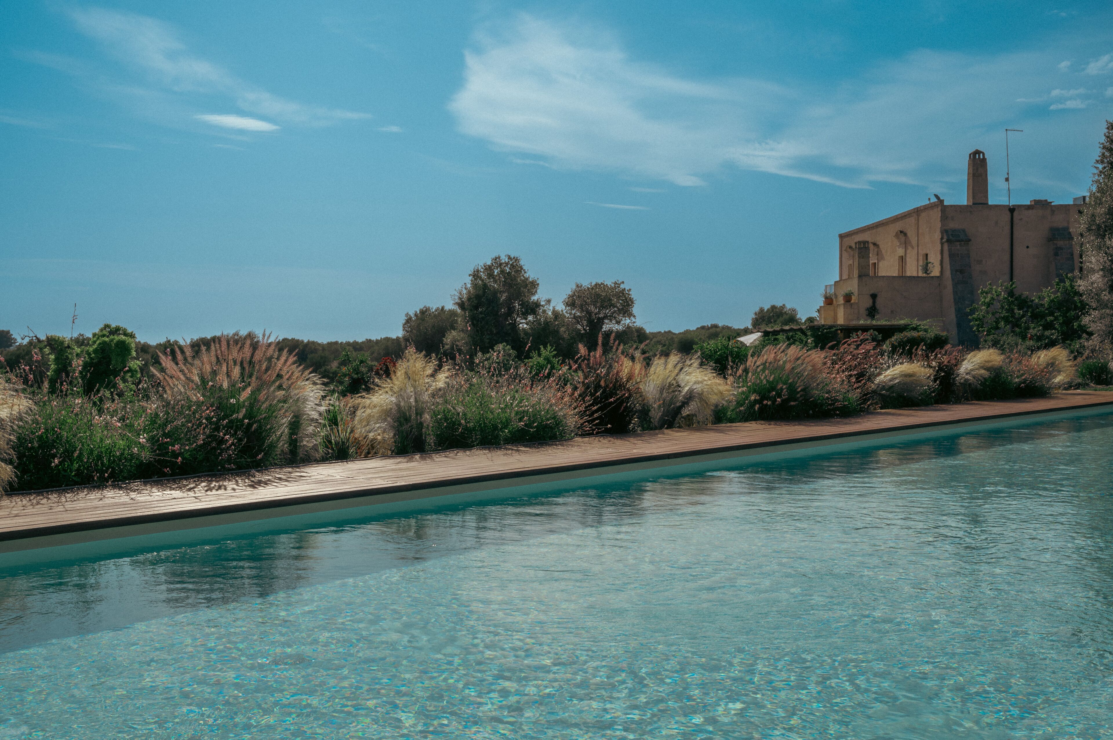 A swimming pool with clear water, surrounded by a wooden deck and various shrubs. In the background, there is a building with a flat roof and a chimney.