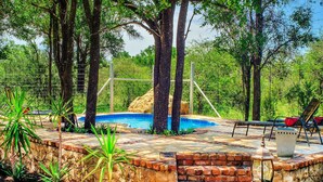 Una piscina rodeada de árboles, con un muro de ladrillo y una valla metálica.