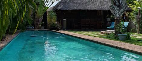 A swimming pool with a brick border, surrounded by palm trees and a thatched-roof building.