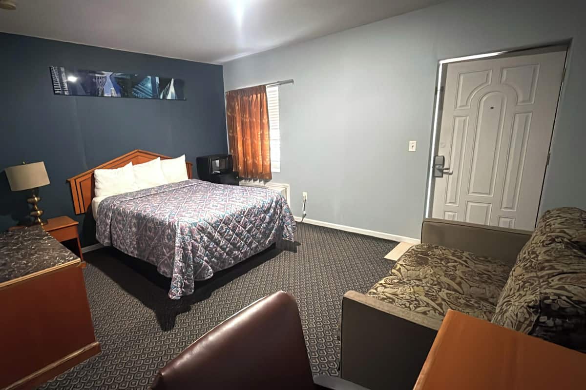 Una habitación de hotel con cama, escritorio, silla, sofá, televisor y puerta.
