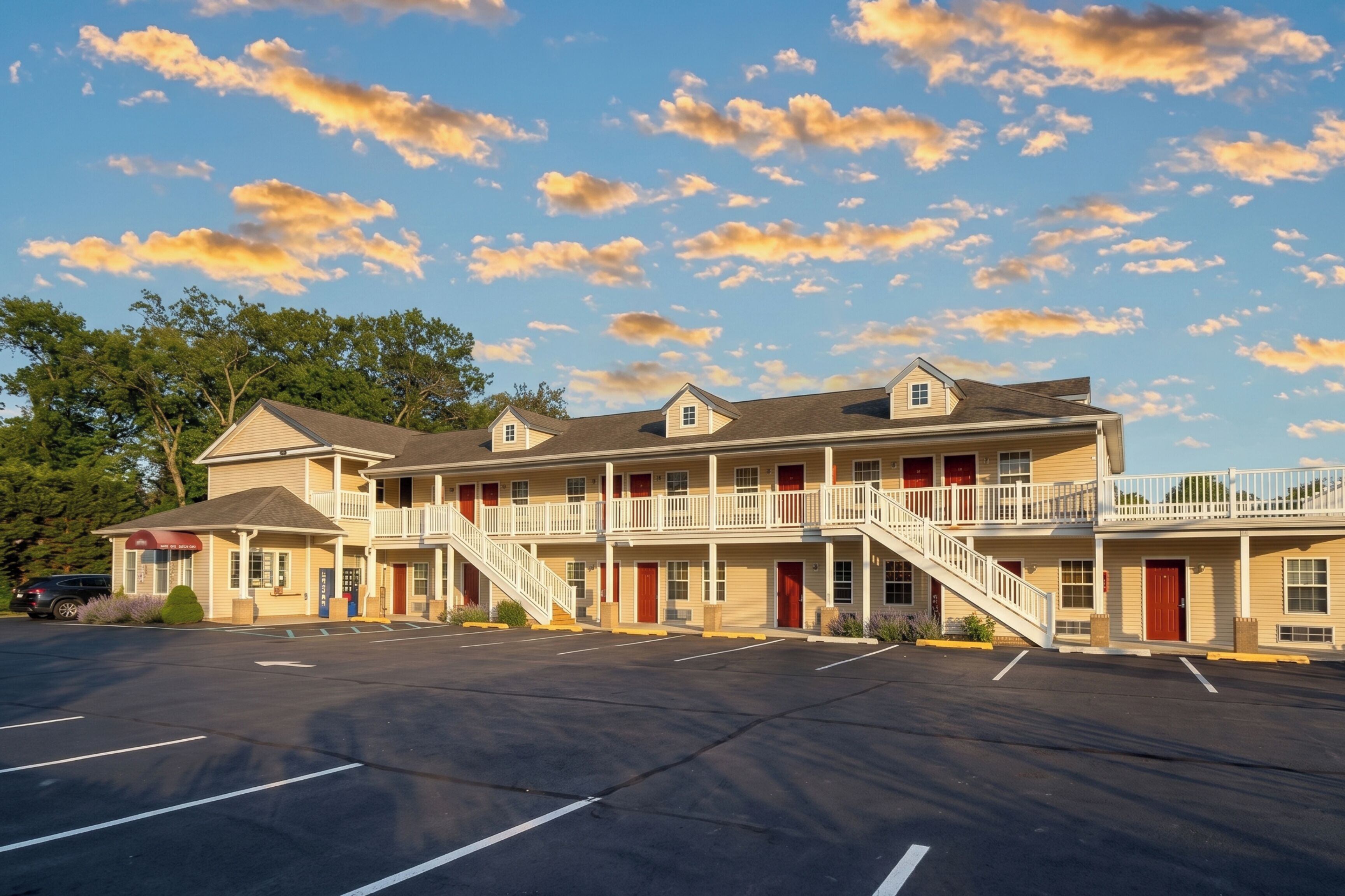 A motel with a two-story structure, a covered parking area, and a staircase leading to the upper level.