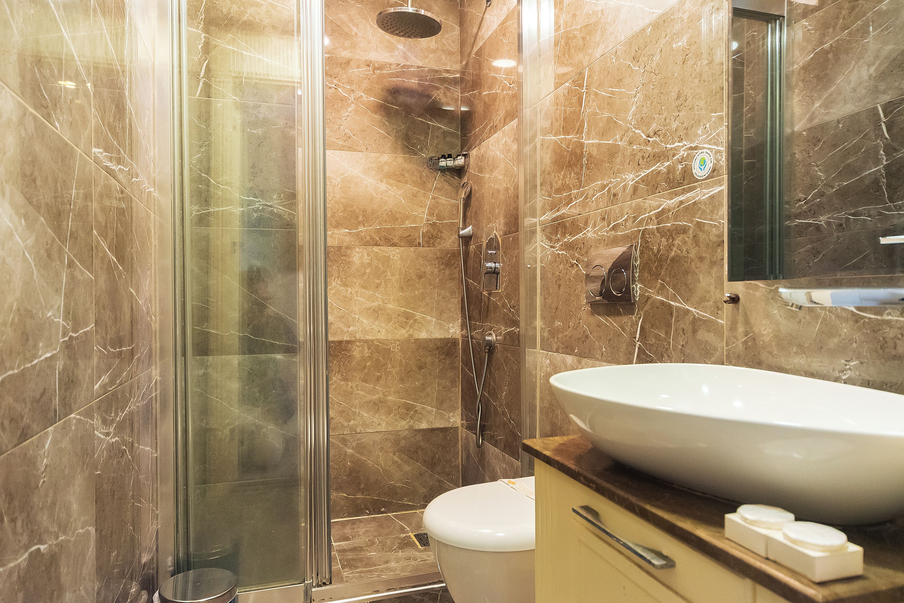 Ein Badezimmer mit Duschkabine, weißer Toilette und einem großzügigem Waschbecken.
