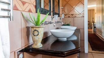 A bathroom with a large mirror, two sinks, and a potted aloe vera plant on a dark countertop.