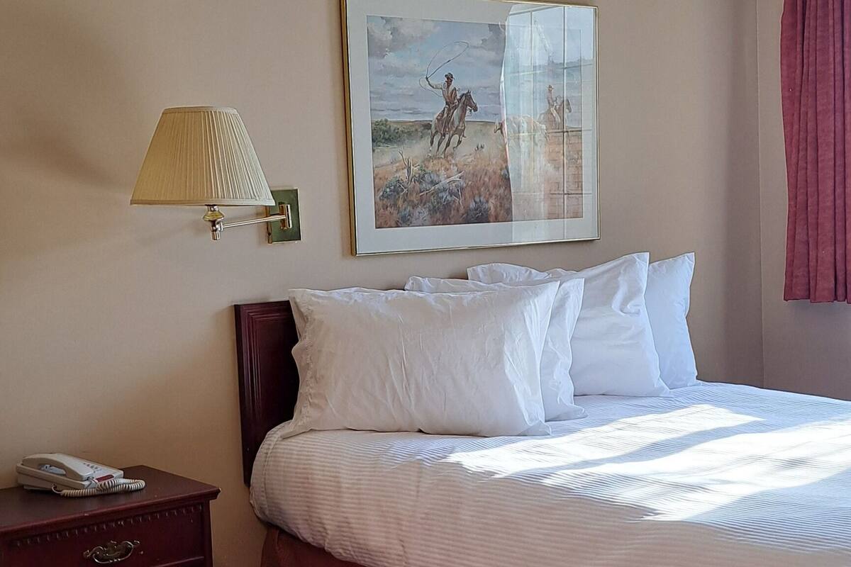 Une chambre d’hôtel avec un lit, une table de chevet avec une lampe, un tableau au mur et une fenêtre avec des rideaux.