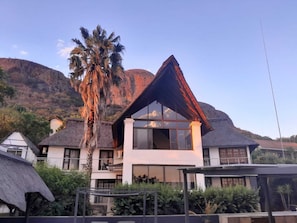 A modern house with a unique triangular roof, large windows, and a palm tree in the foreground.