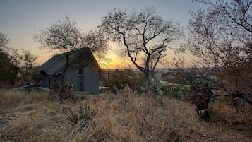 A rustic house with a thatched roof, surrounded by dry grass and sparse trees, during sunset.