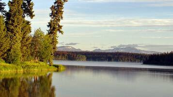 Un lac paisible, entouré d’une forêt dense, avec des montagnes en arrière-plan.
