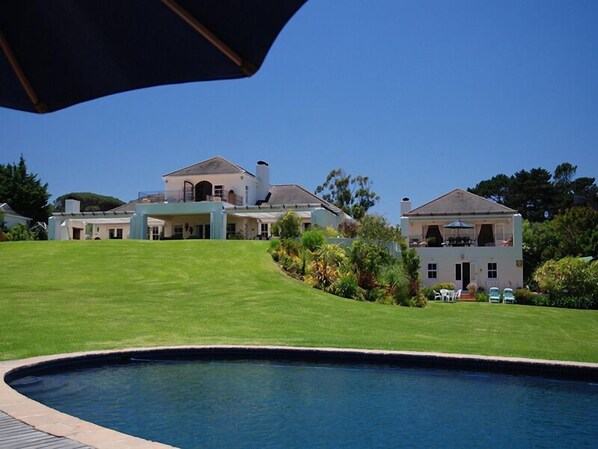 Outdoor pool, pool umbrellas, pool loungers