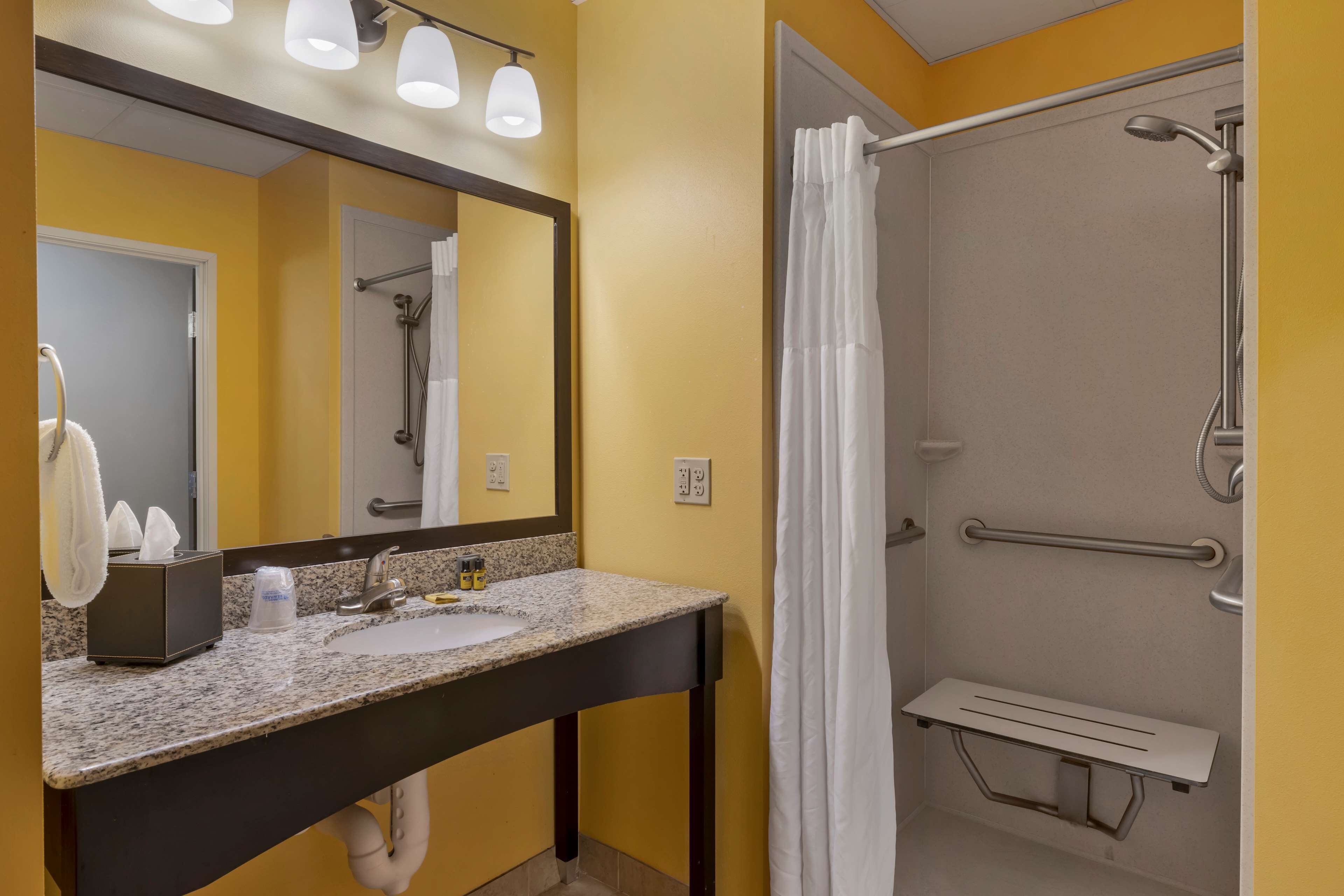 A bathroom with a granite countertop sink, a mirror, and a shower with a grab bar.