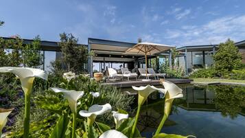 Een buitenzwembad, parasols bij het zwembad en ligstoelen