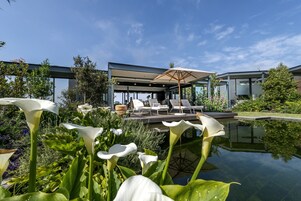 Outdoor pool, pool umbrellas, sun loungers