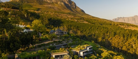 A modern house with a large garden and a mountain in the background.