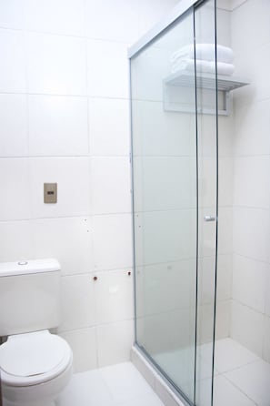 Shower, free toiletries, towels, soap
