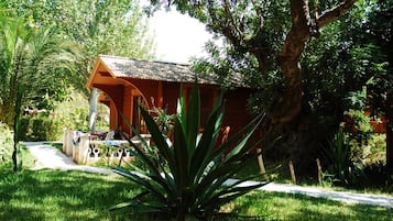 A rustic wooden cabin with a sloped roof, surrounded by lush greenery and a well-maintained garden path.