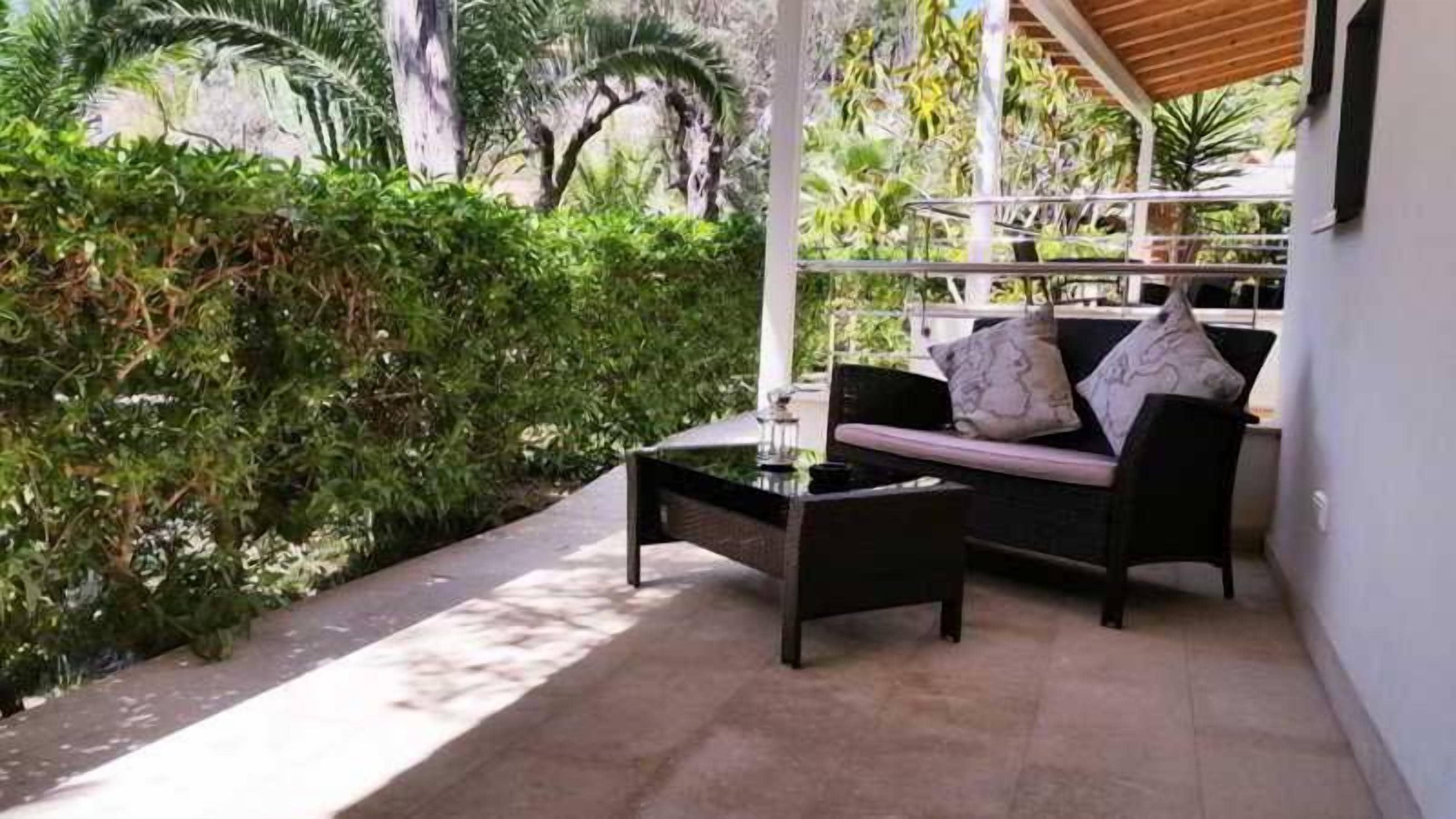 Un espace patio aménagé avec un canapé et une petite table, entouré d’une végétation luxuriante.
