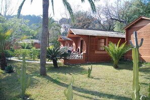 Una cabaña de madera con porche, rodeada de cactus y palmeras.