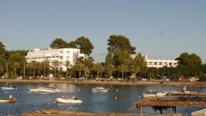 A coastal area with boats on the water, a white building, and palm trees.