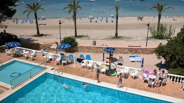 A pool area with lounge chairs and umbrellas, a beach with palm trees, and boats in the background.