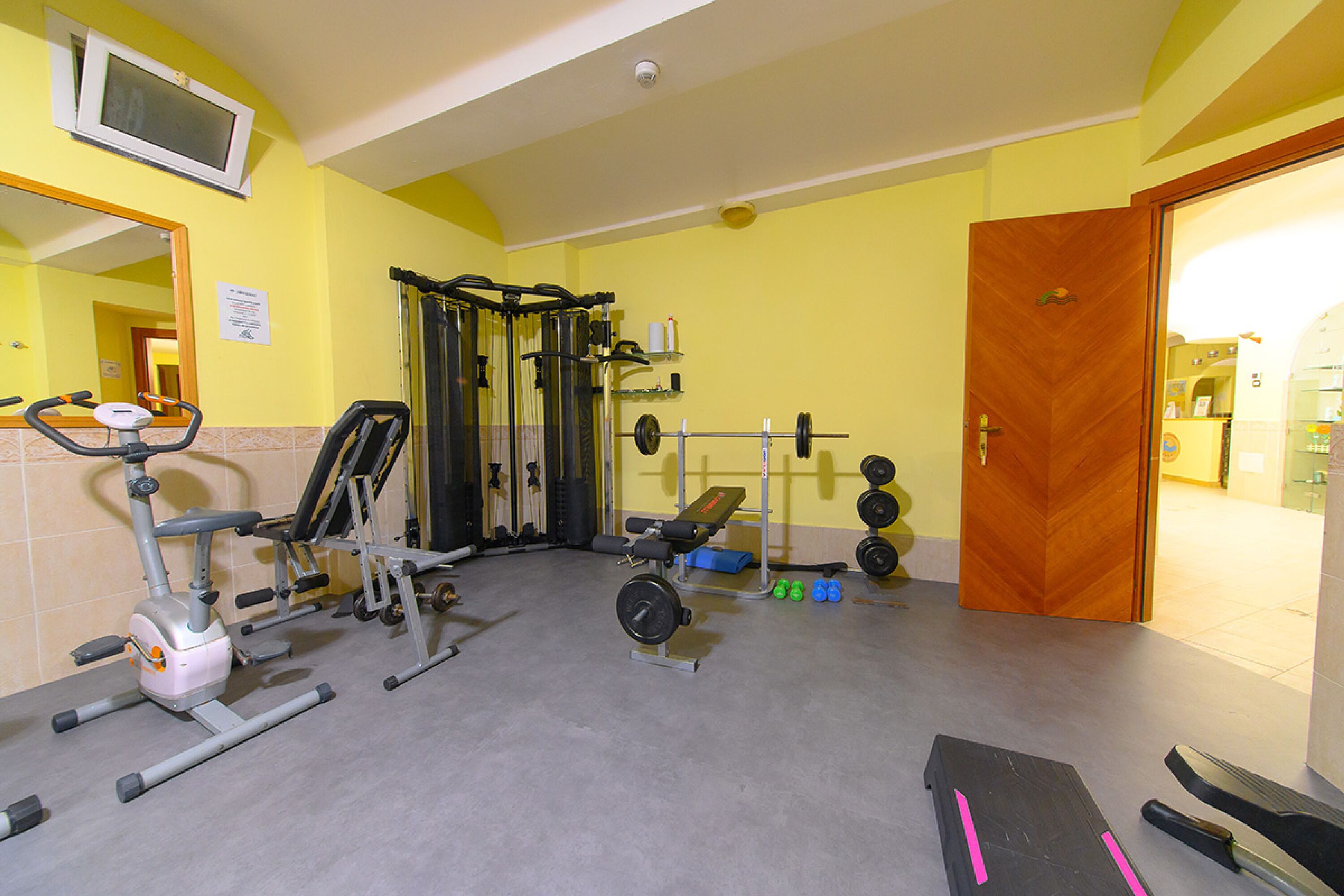 A gym with exercise equipment, a television, and a mirror.