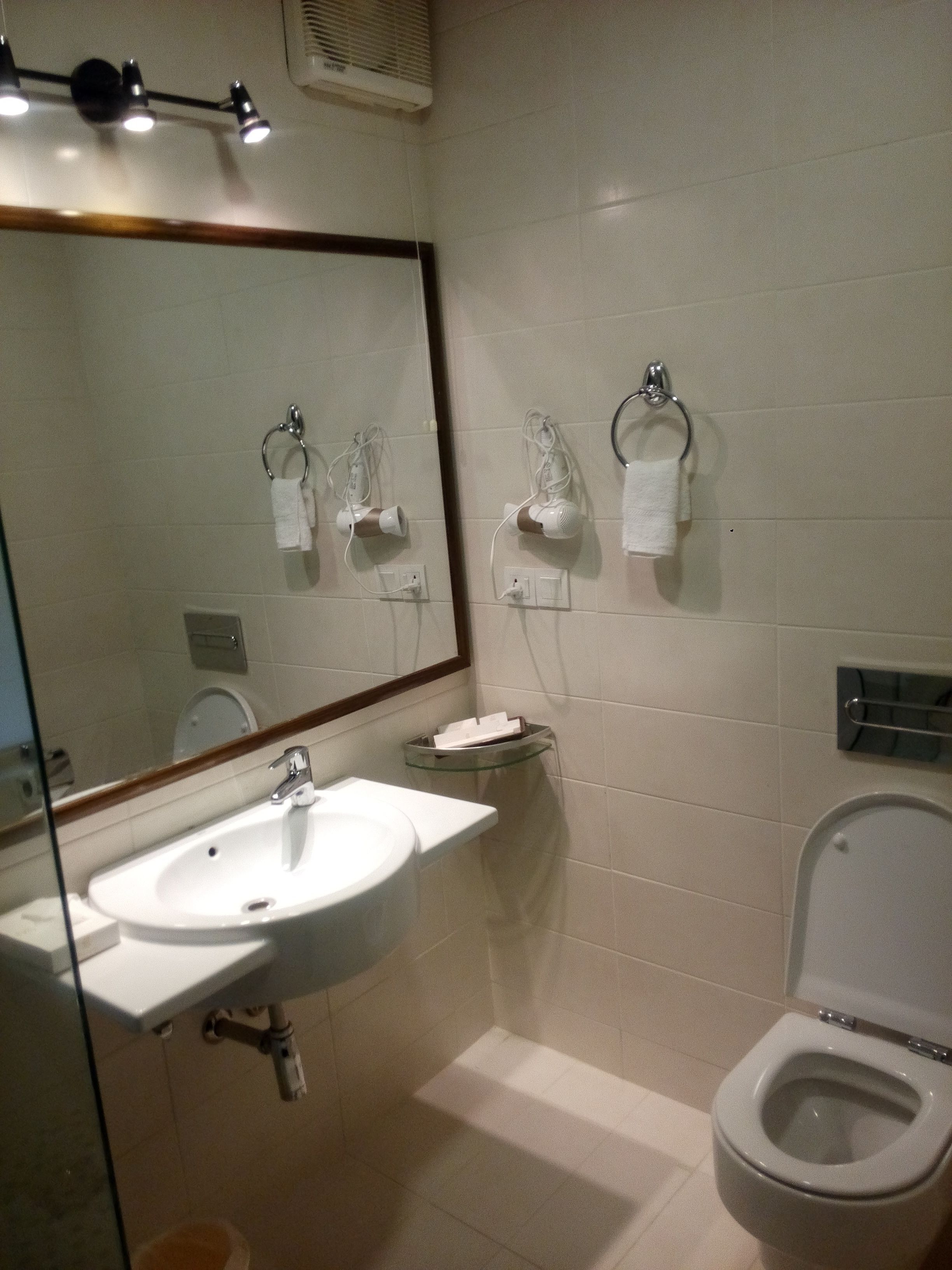 A bathroom with a sink, mirror, toilet, and hairdryer.