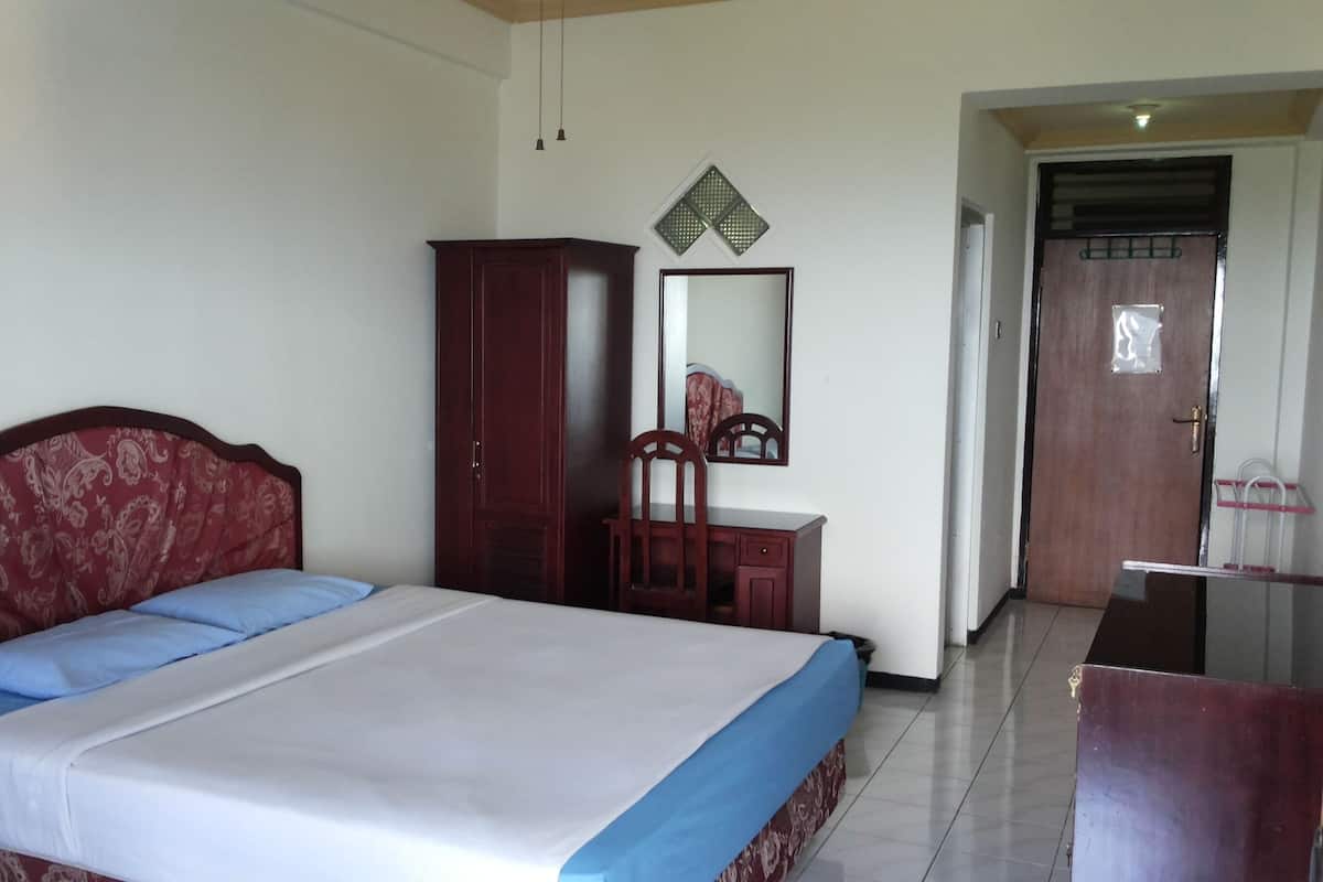 Un dormitorio con cama, armario, espejo y puerta.