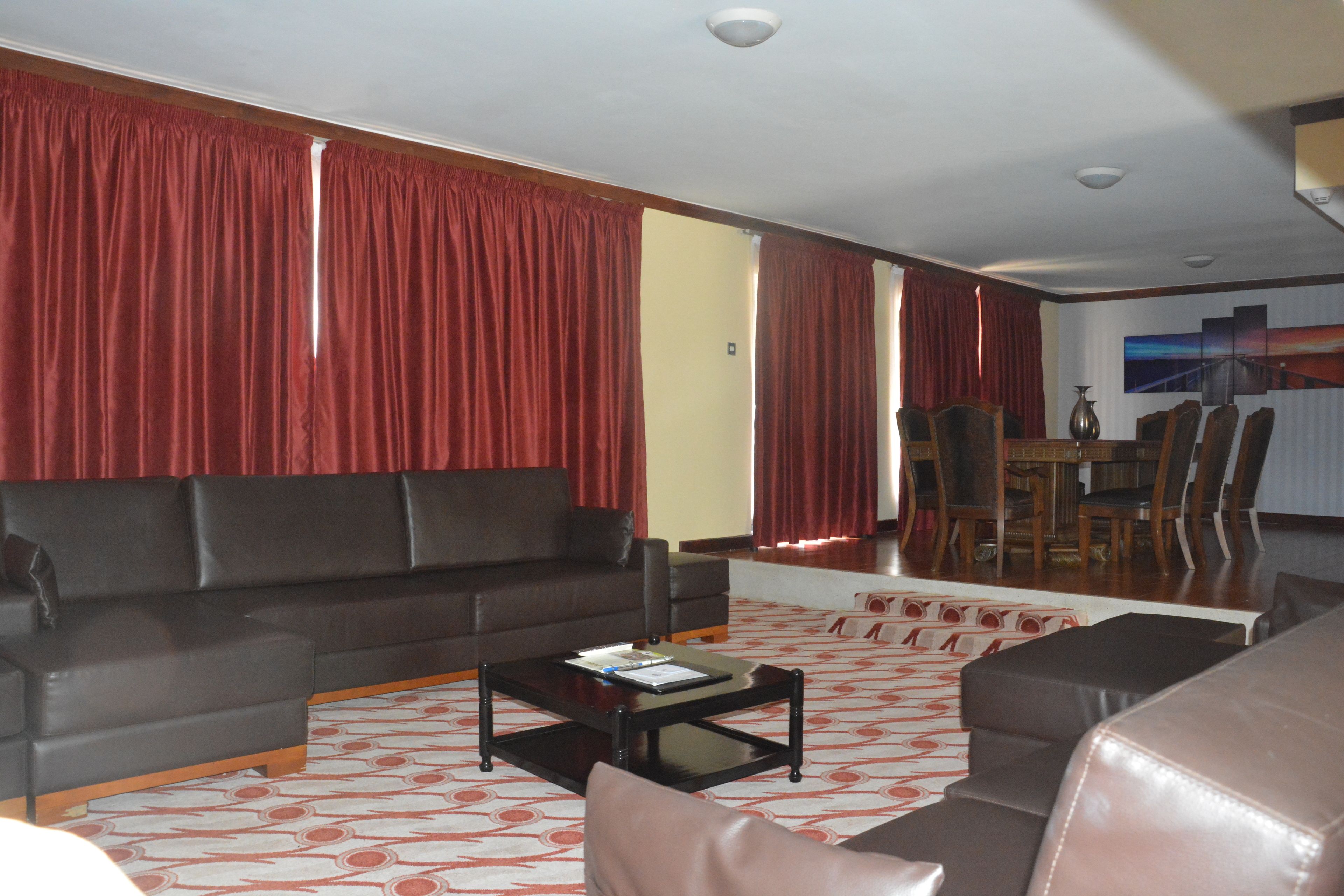 A living room with a dark brown sofa, a coffee table, and a patterned rug.