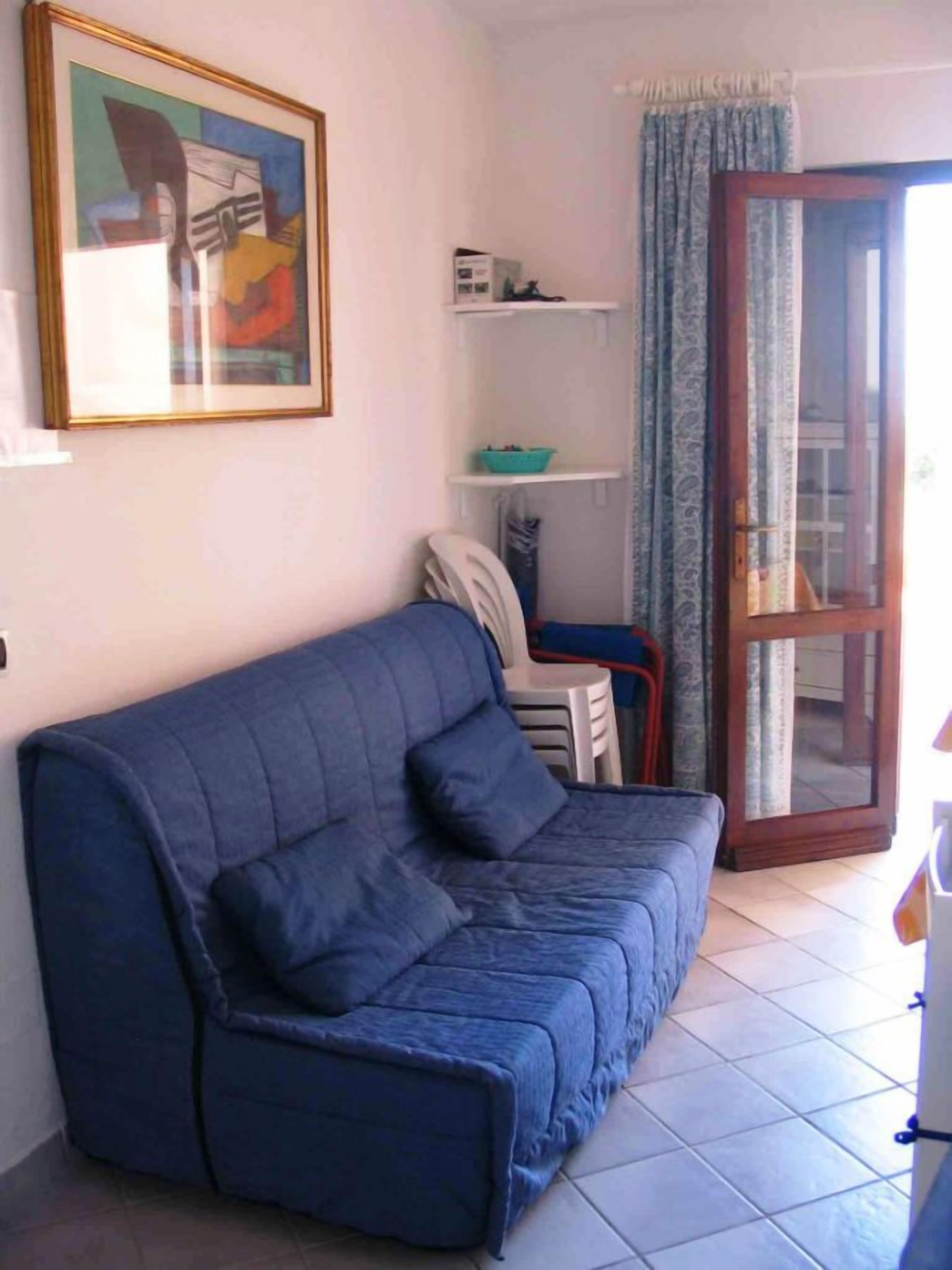 A room with a blue sofa, a framed picture on the wall, a window with curtains, and a door with a view of the outside.