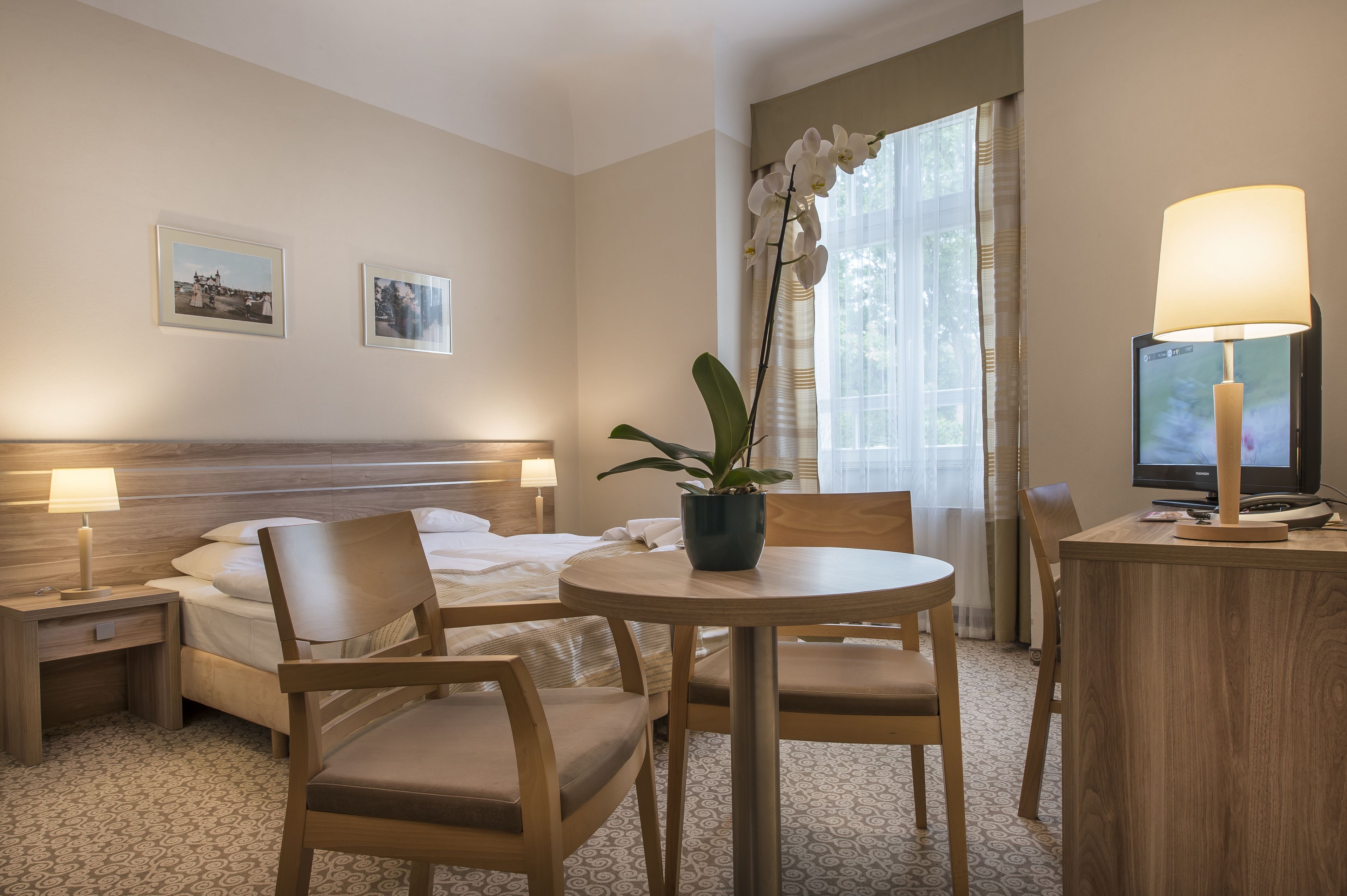 A hotel room with a bed, two bedside tables with lamps, a round wooden table with chairs, a potted plant, a television on a stand, and two framed pictures on the wall.