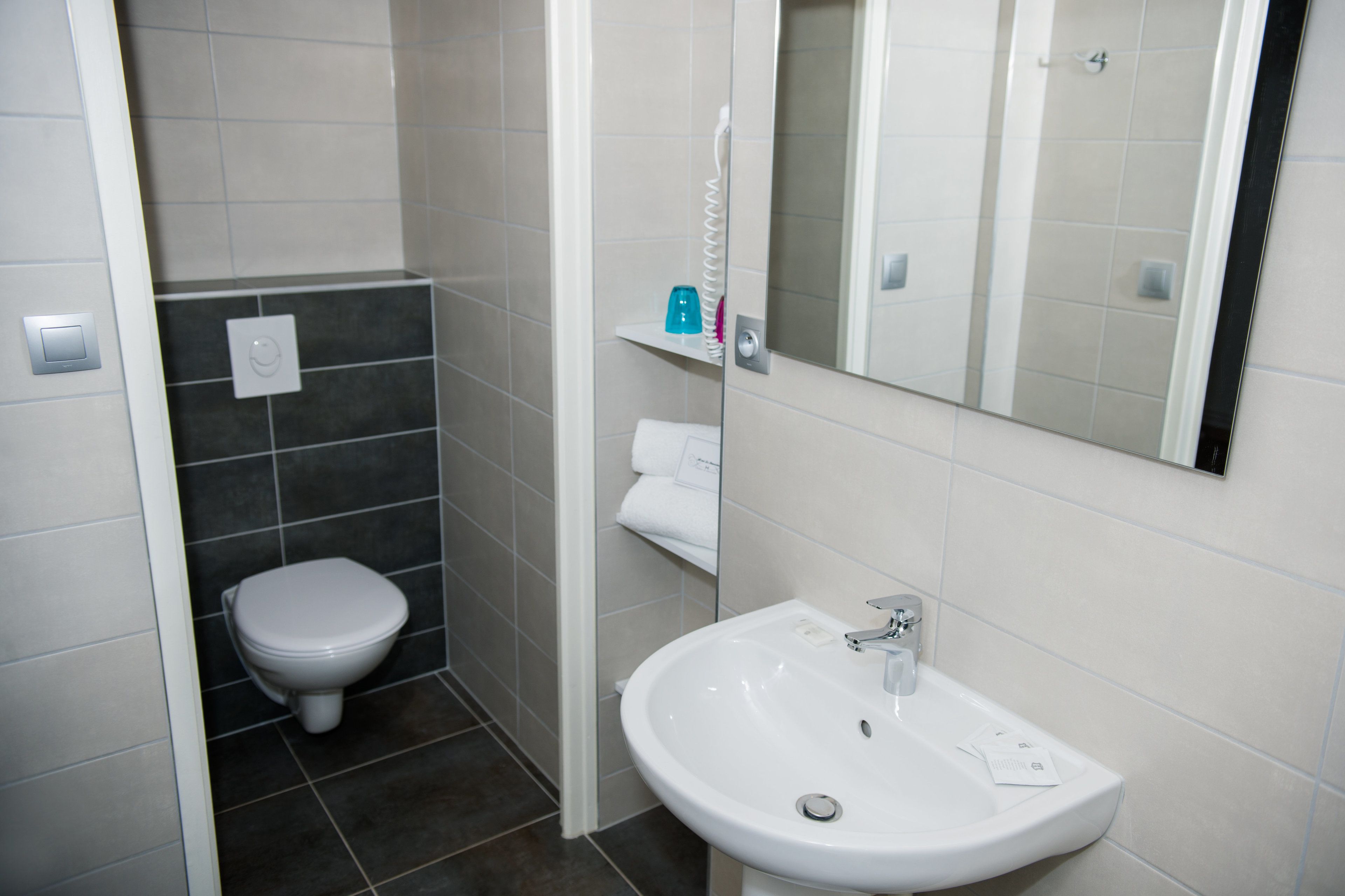 A bathroom with a toilet, sink, mirror, and towel rack.