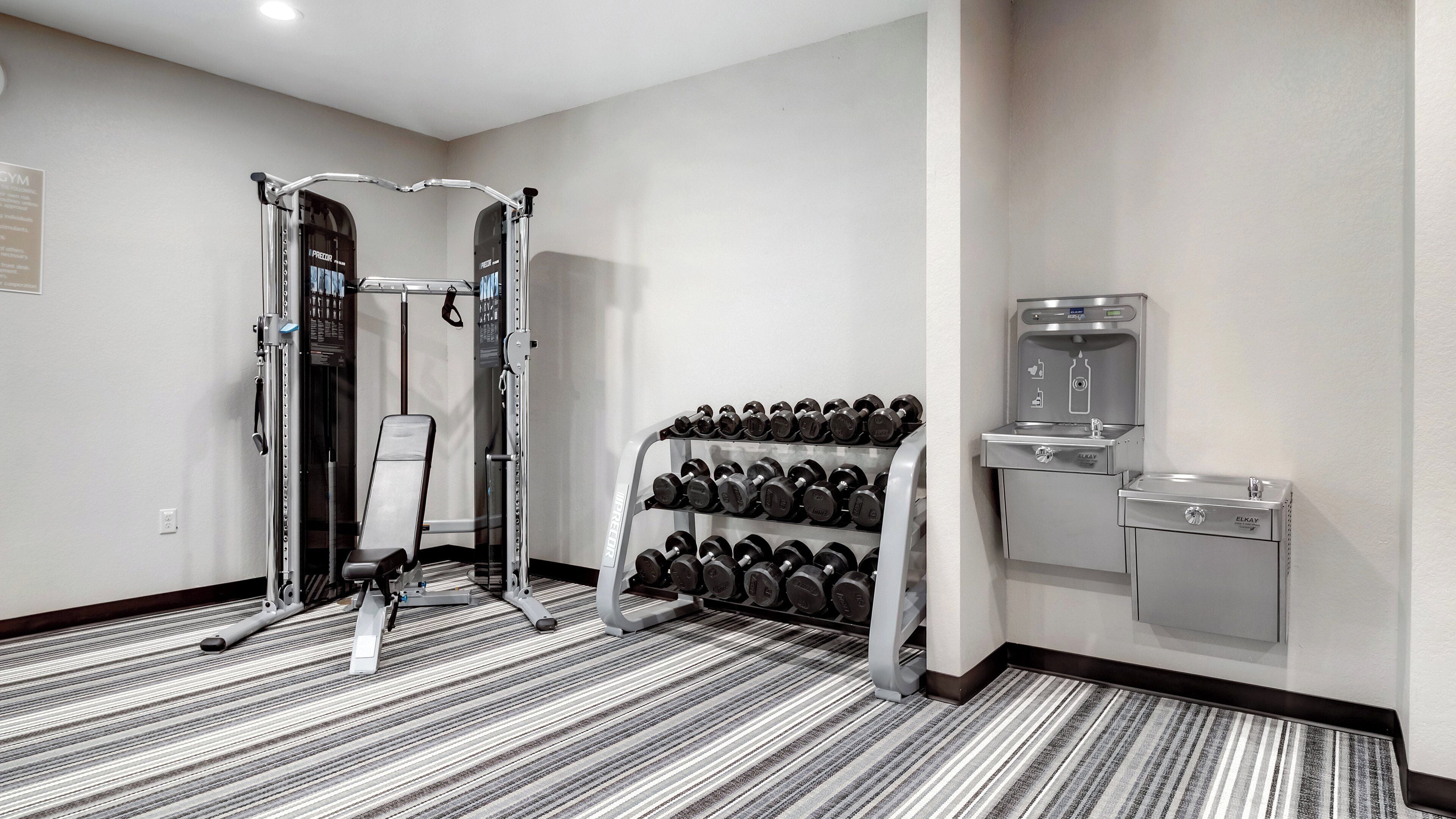Une salle de sport équipée d’une barre de traction, d’un banc et d’un porte-haltères.