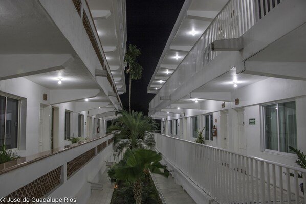 A corridor with white walls, multiple windows, and a central palm tree. - Hotel Casa Blanca (Chetumal)