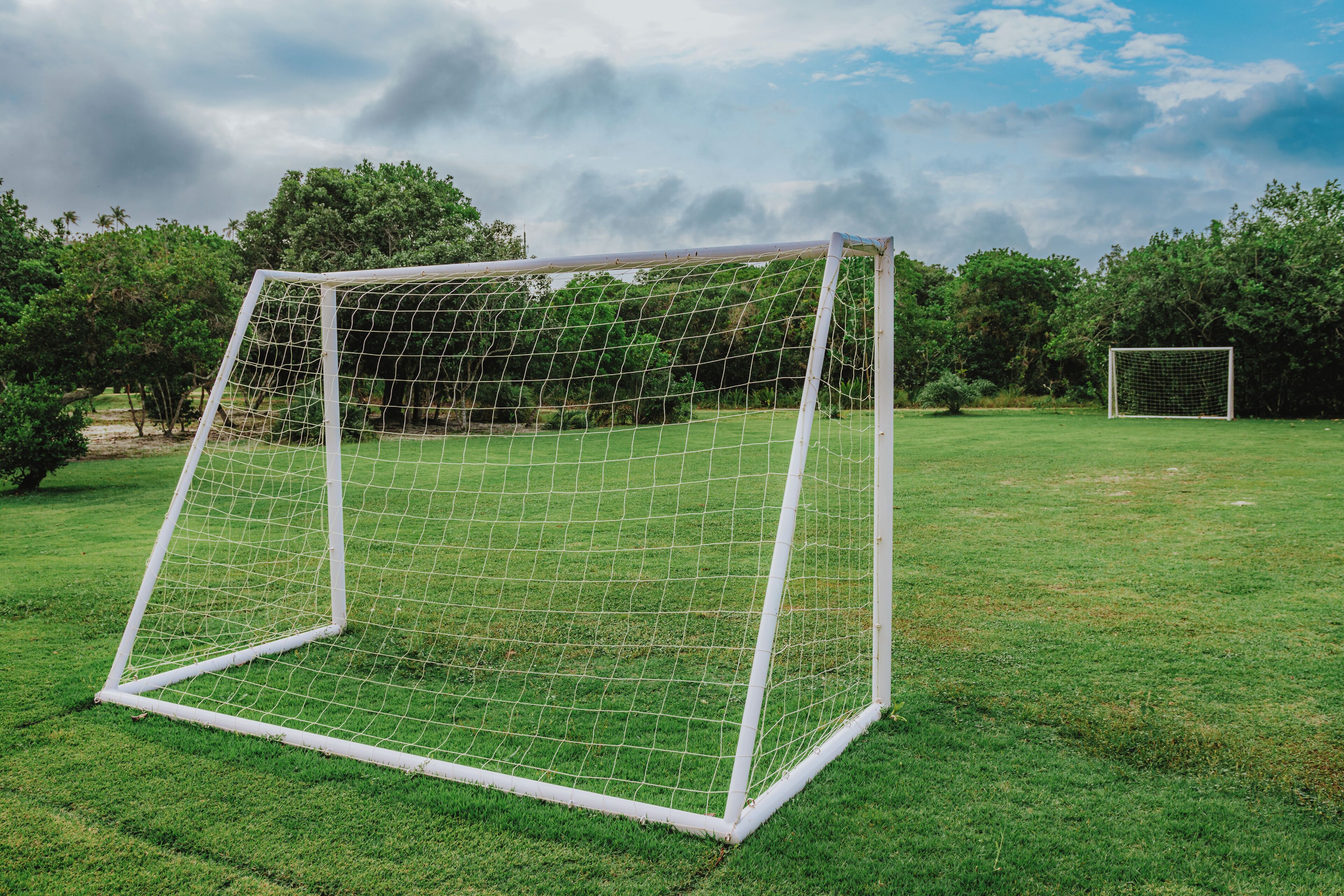 Ein Fußballtor in einer grünen Wiese, im Hintergrund Bäume.