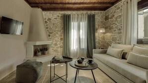 A cozy living room with a stone wall, a fireplace, a sofa, and a flat-screen TV. - Agrikia Villa (Zakynthos)