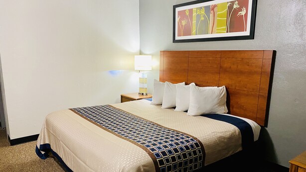 Una habitación de hotel con una cama grande, un cabecero de madera, una mesita de noche con una lámpara y un cuadro en la pared.