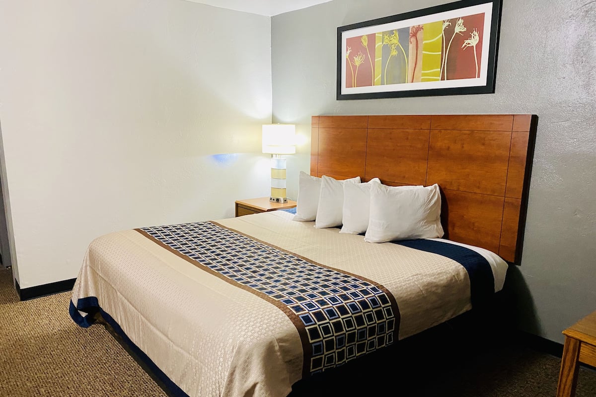 A hotel room with a large bed, a wooden headboard, a nightstand with a lamp, and a framed picture on the wall.