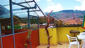 Un balcón con vistas a un pueblo, plantas en macetas y una silla blanca.